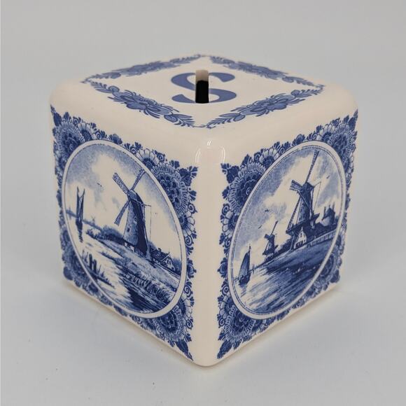 Delft Blue Holland Windmills Cube Bank Ceramic Transferware Coin Storage VTG - Picture 9 of 10
